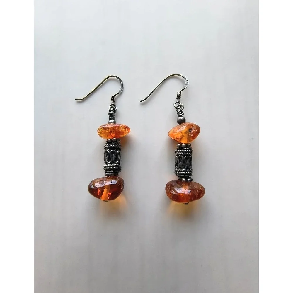 Vtg Sterling Silver‎ Baltic Amber Drop Earrings Cognac Honey Artisan Dangle 925